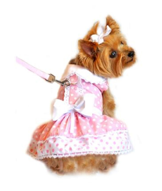 Pink Polka Dot and Lace Dog Dress Set with Leash